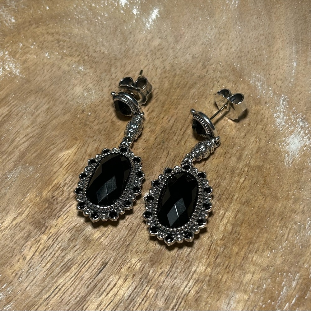 Vintage Konstantino 925 Sterling Silver Faceted Black Onyx Drop Earrings